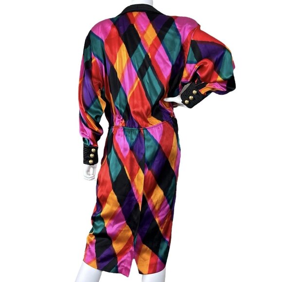 Vtg Louis Feraud Silk 80s Diamond Geo Print Cocktail Dress Multicolor Size US 10 - Picture 2 of 14